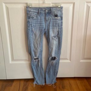 Eunina light wash distressed jeans, size 0, low rise, skinny, ankle